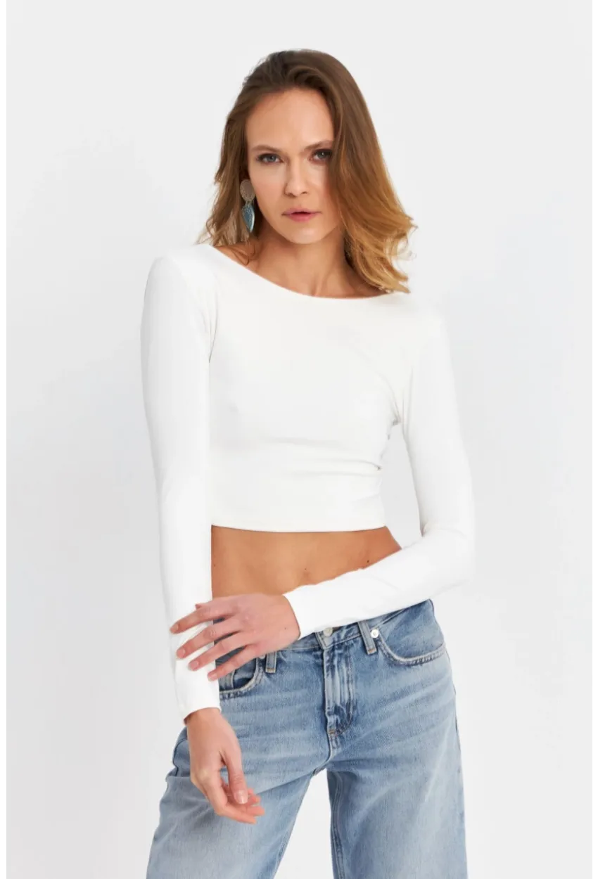 Kadın Beyaz Sırtı Açık Crop Bluz EV21