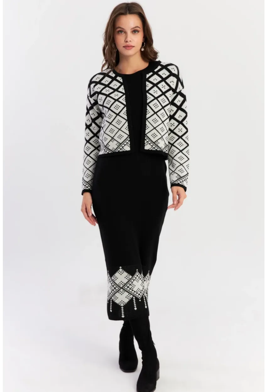 Kadın Beyaz-Siyah Desenli İkili Triko Takım NUV42