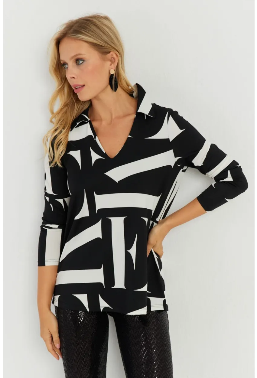 Kadın Beyaz-Siyah Desenli Polo Yaka Bluz AYD240