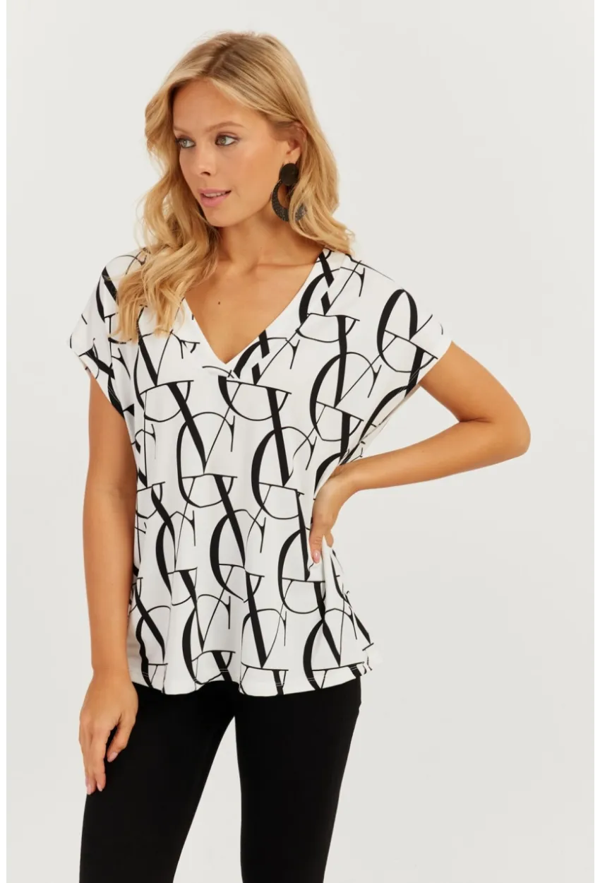 Kadın Beyaz-Siyah V Yaka Desenli Bluz AYD293