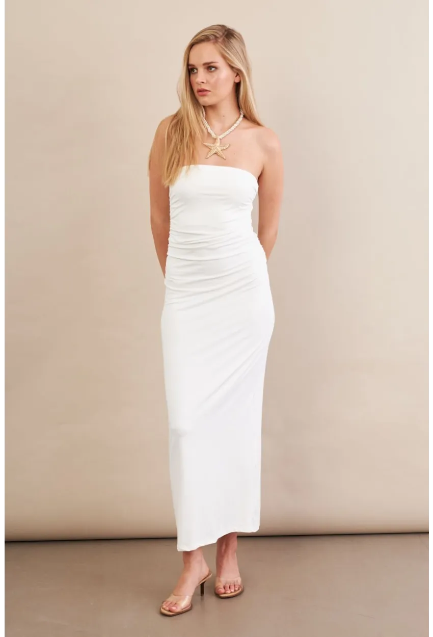 Kadın Beyaz Straplez Büzgülü Midi Elbise MX2005