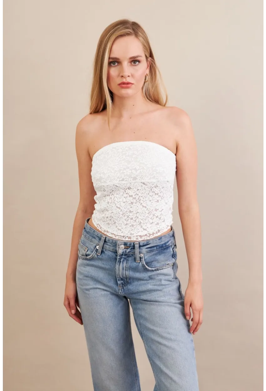 Kadın Beyaz Straplez Dantel Bluz ZH125