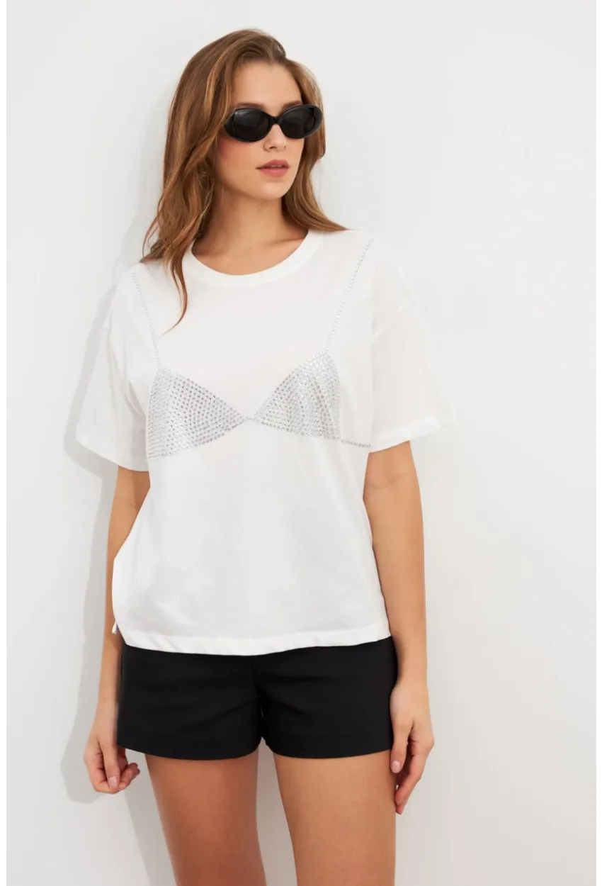 Kadın Beyaz Straslı Oversize T-Shirt TPG13