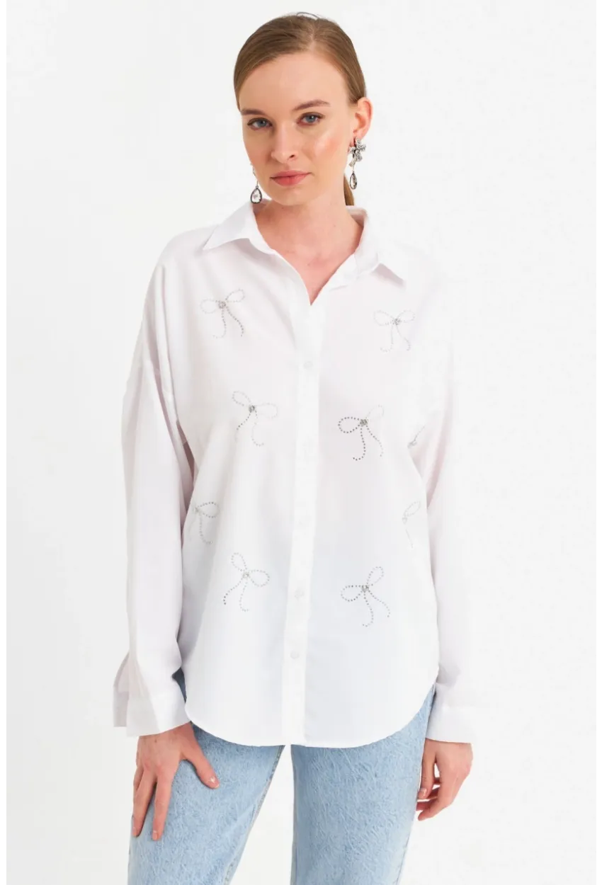 Kadın Beyaz Taşlı Gömlek MZER426