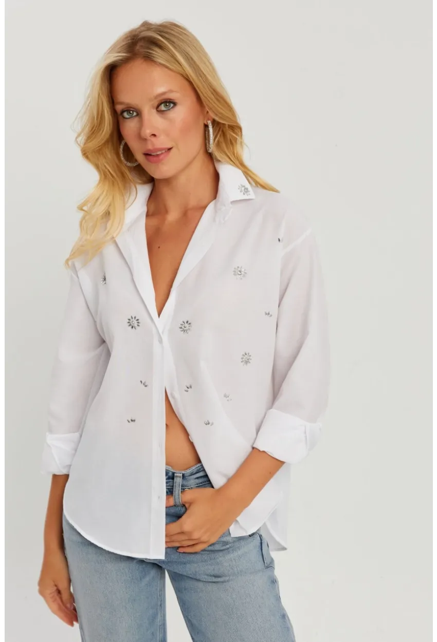 Kadın Beyaz Taşlı Gömlek SF2550