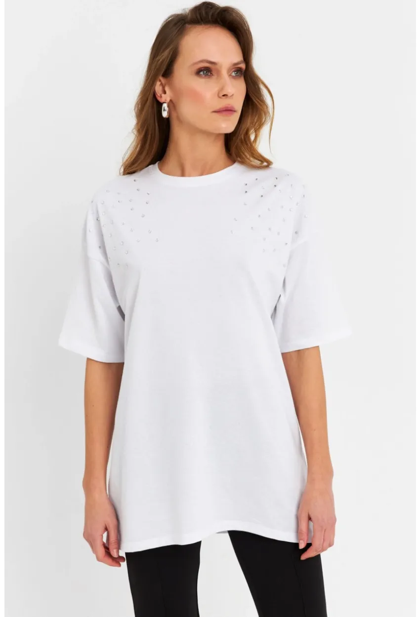 Kadın Beyaz Taşlı Salaş T-Shirt MTF0002