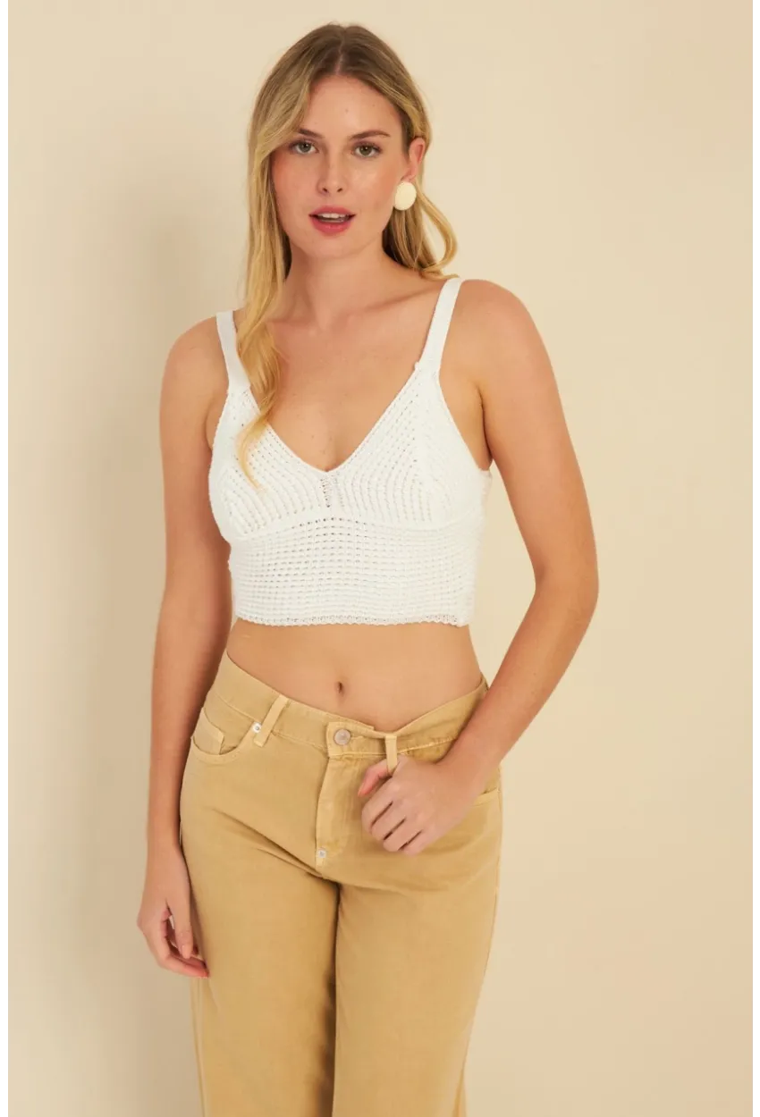 Kadın Beyaz Triko Crop Bluz KZ2507