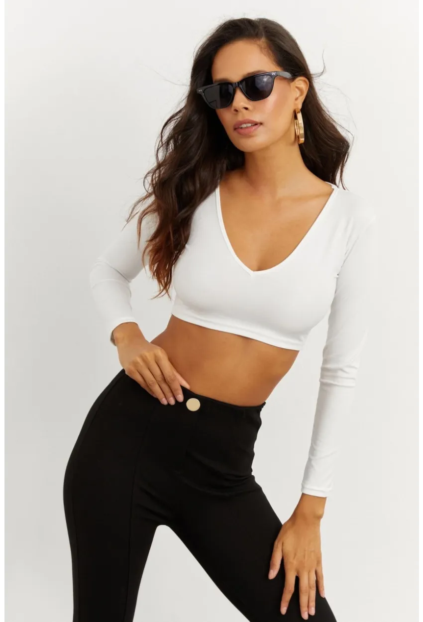 Kadın Beyaz V Yaka Crop Bluz CG265