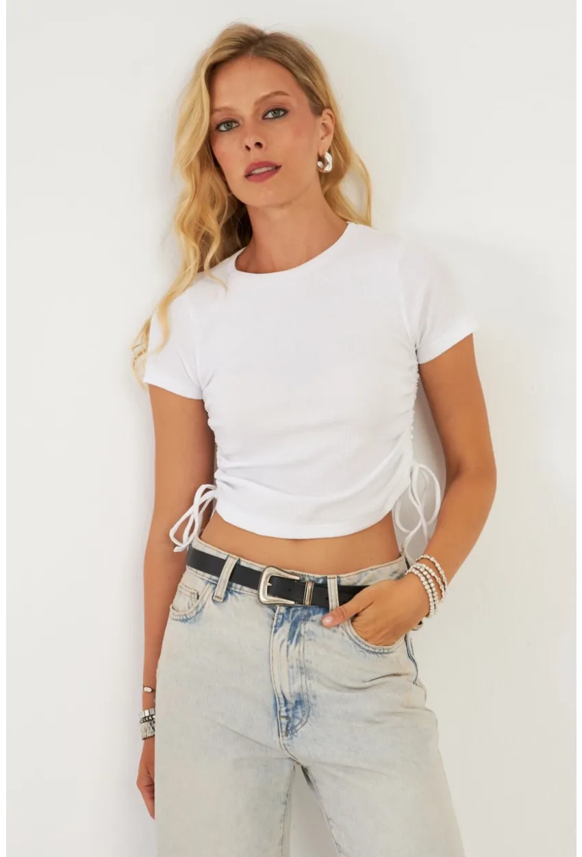 Kadın Beyaz Yanları Büzgülü Kaşkorse Bluz AYD355