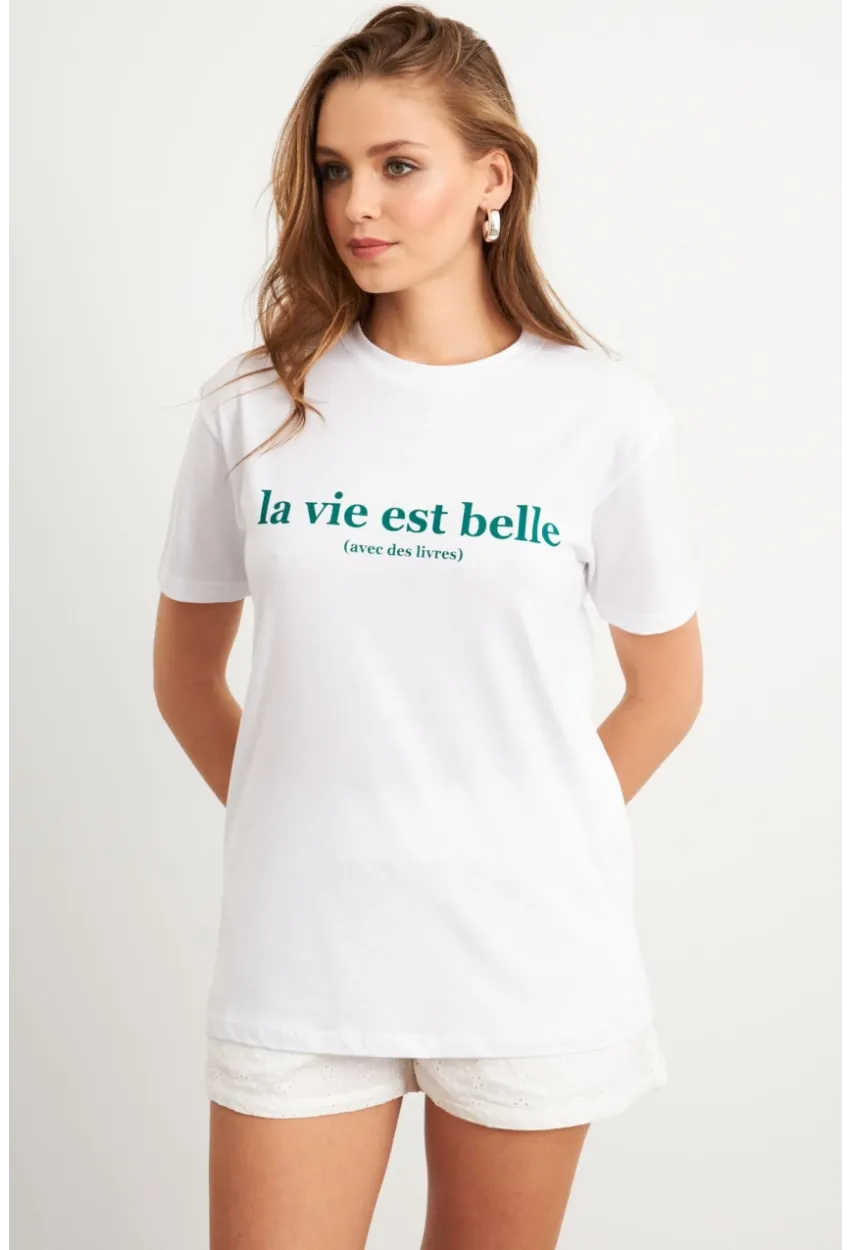 Kadın Beyaz-Yeşil Baskılı Pijama T-Shirt AYD411