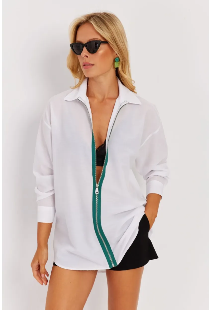 Kadın Beyaz Yeşil Fermuarlı Uzun Gömlek SF1317