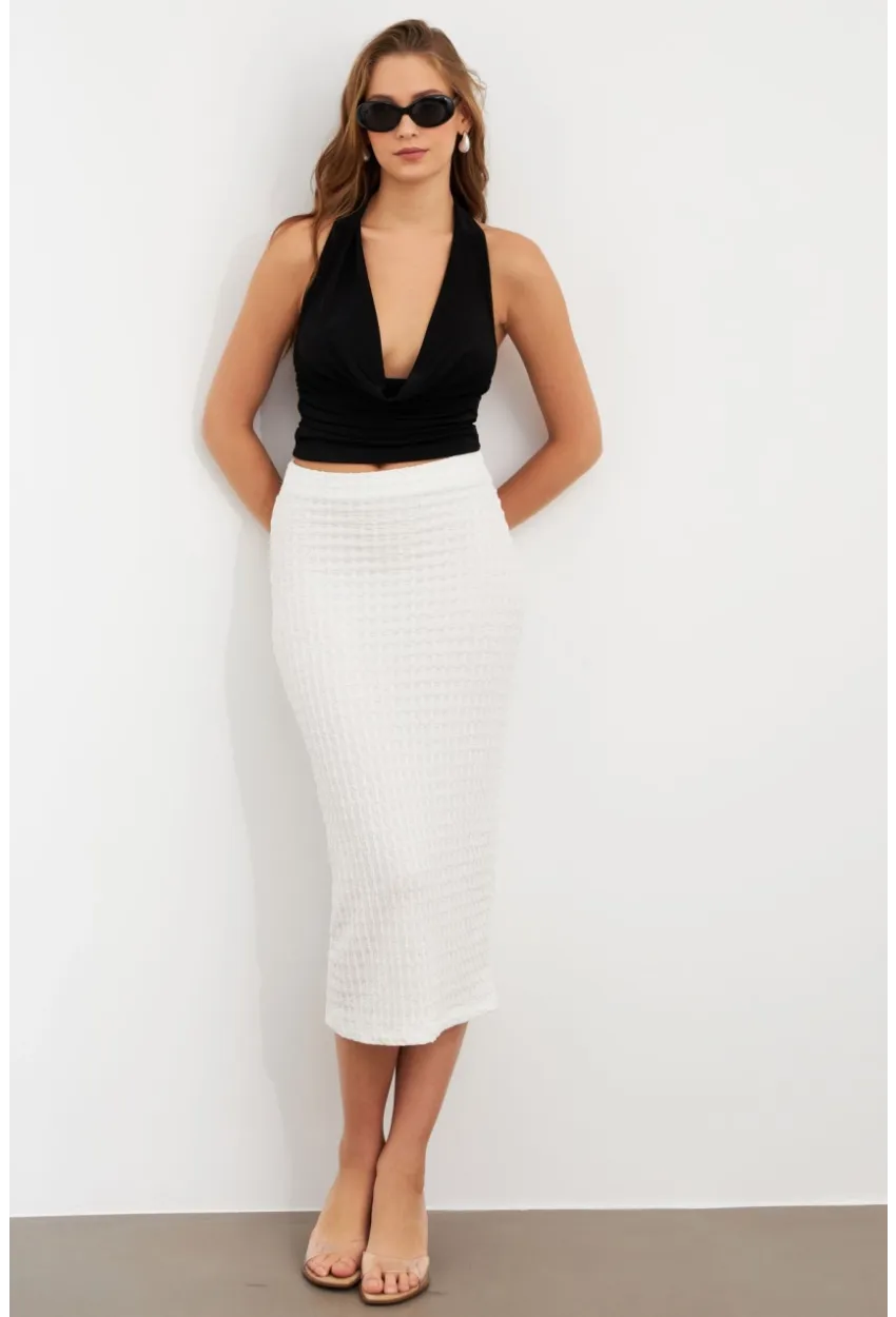 Kadın Beyaz Yırtmaçlı Bürümcük Midi Etek ZH329