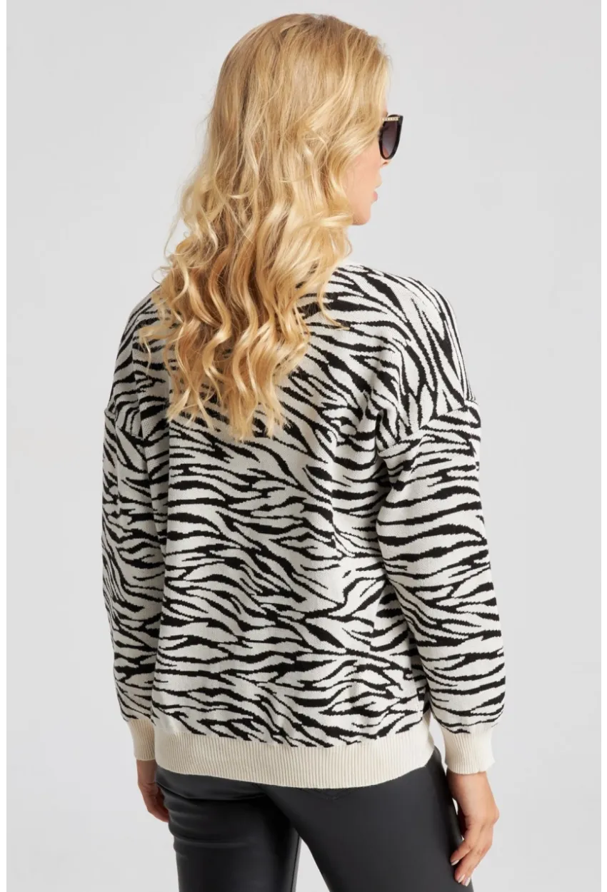 Kadın Beyaz Zebra Desenli Triko Kazak YZ521