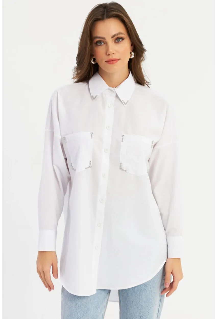 Kadın Beyaz Zımbalı Gömlek MASF2