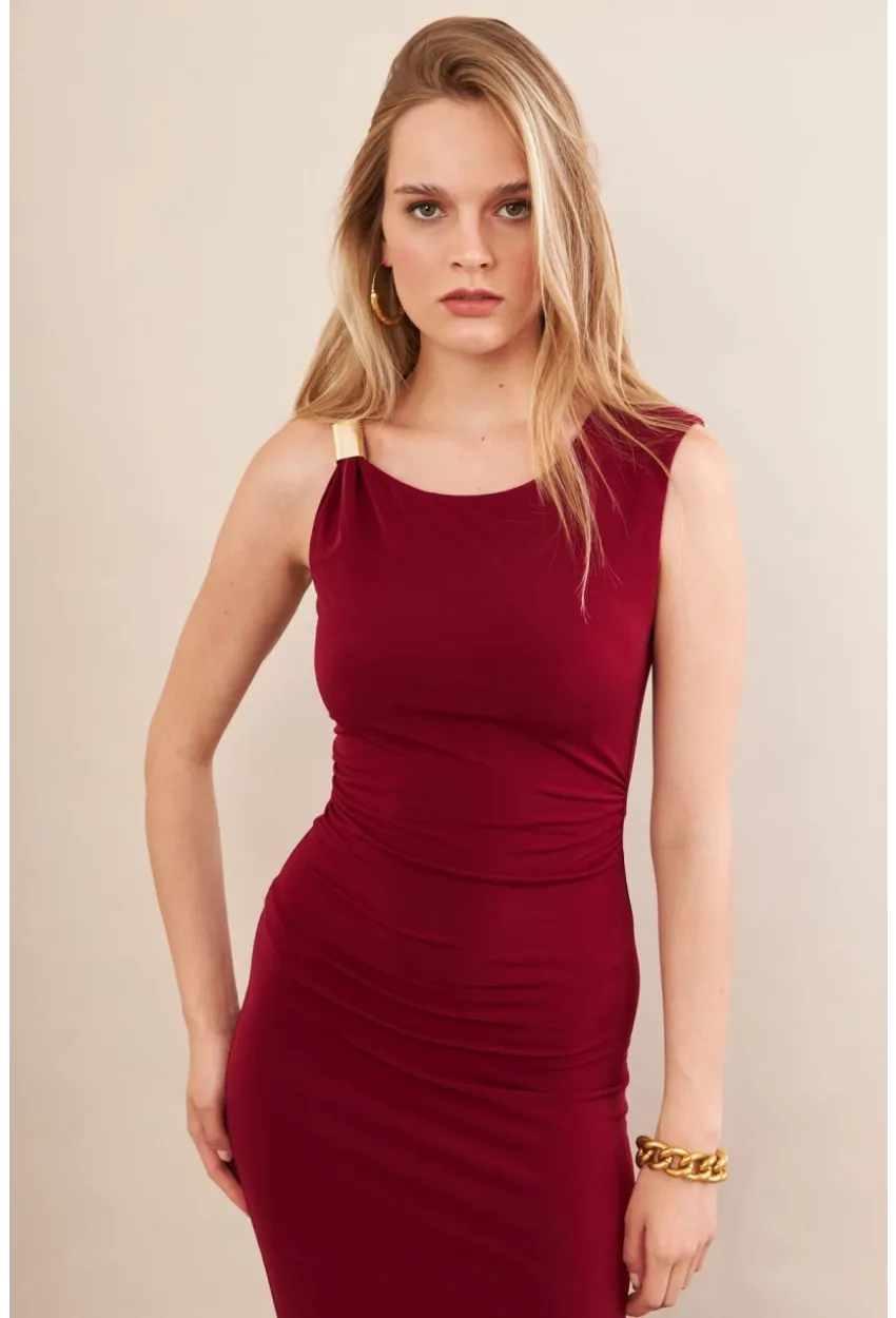 Kadın Bordo Aksesuarlı Büzgülü Midi Elbise İRE102