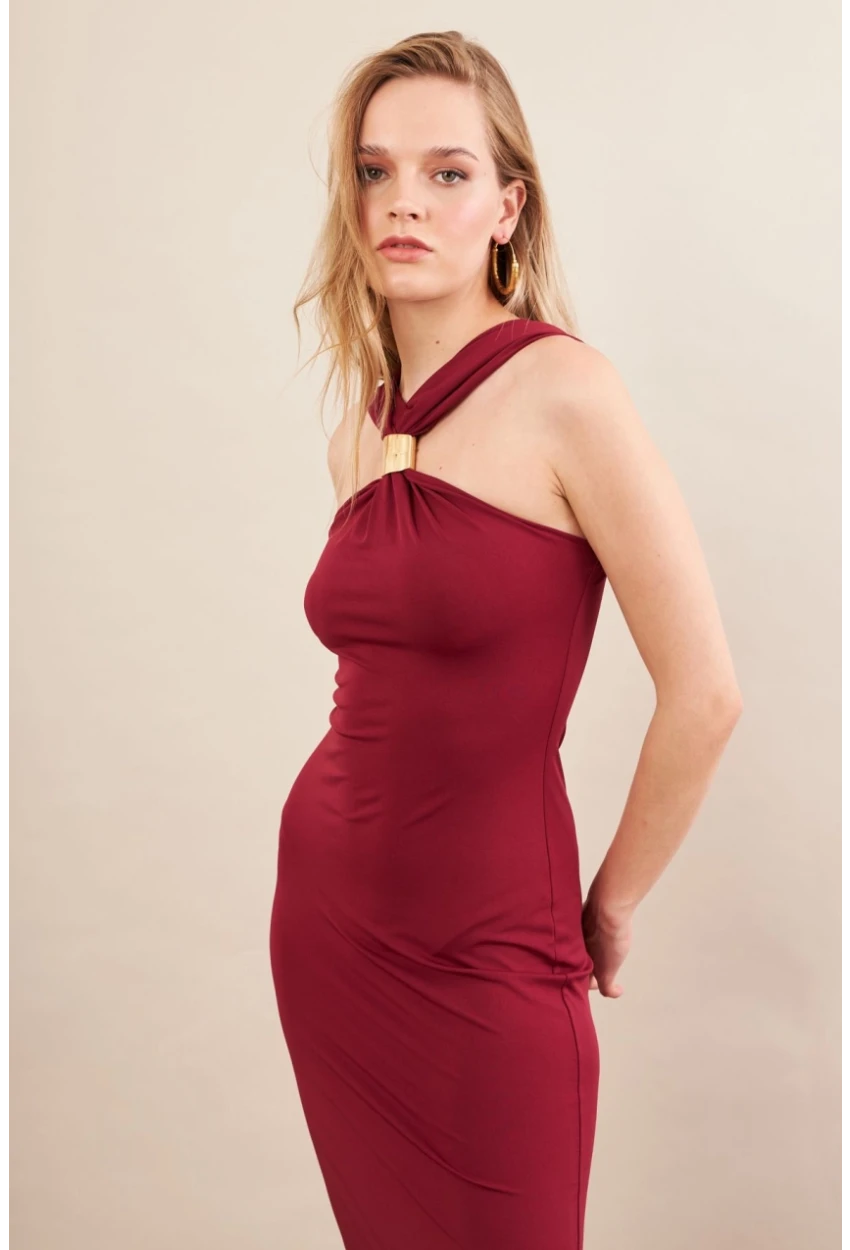 Kadın Bordo Aksesuarlı Midi Elbise İRE101