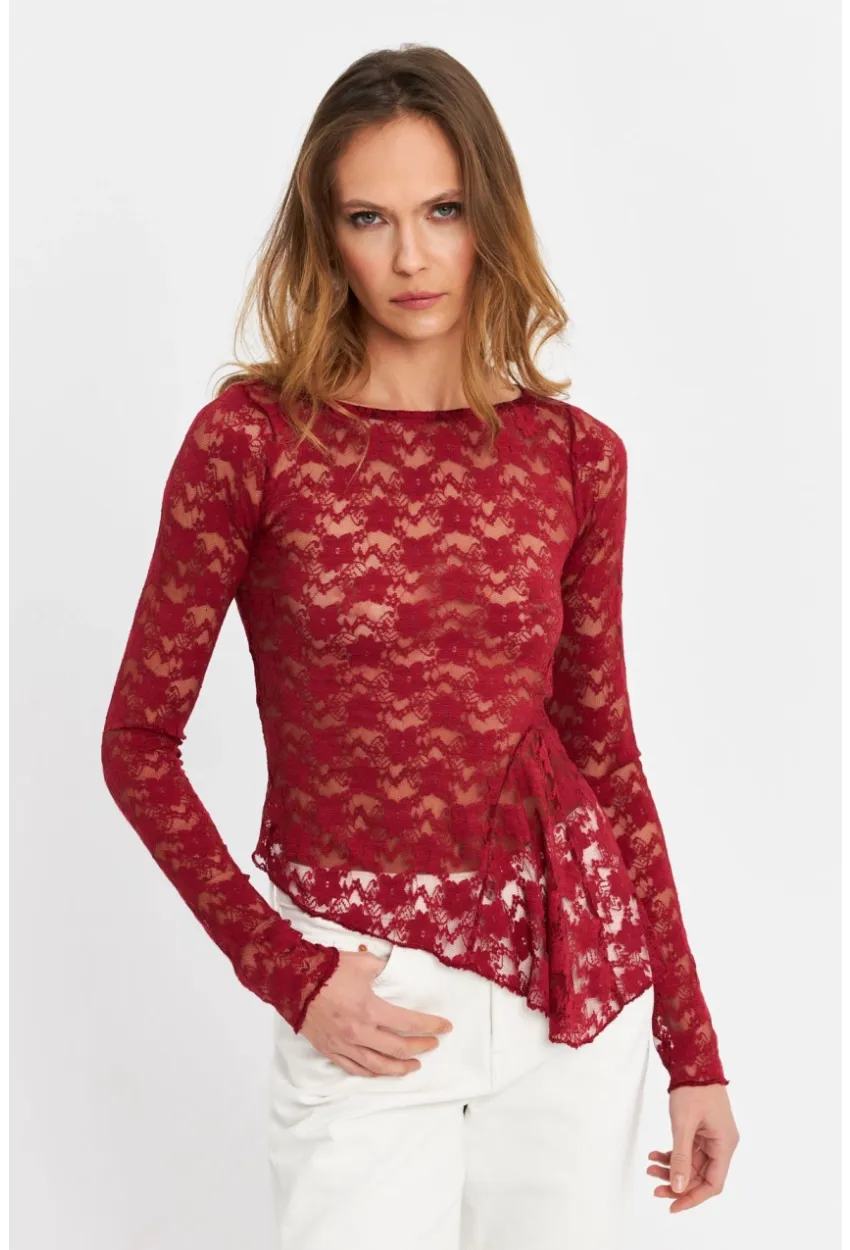Kadın Bordo Asimetrik Dantel Bluz MTK13288