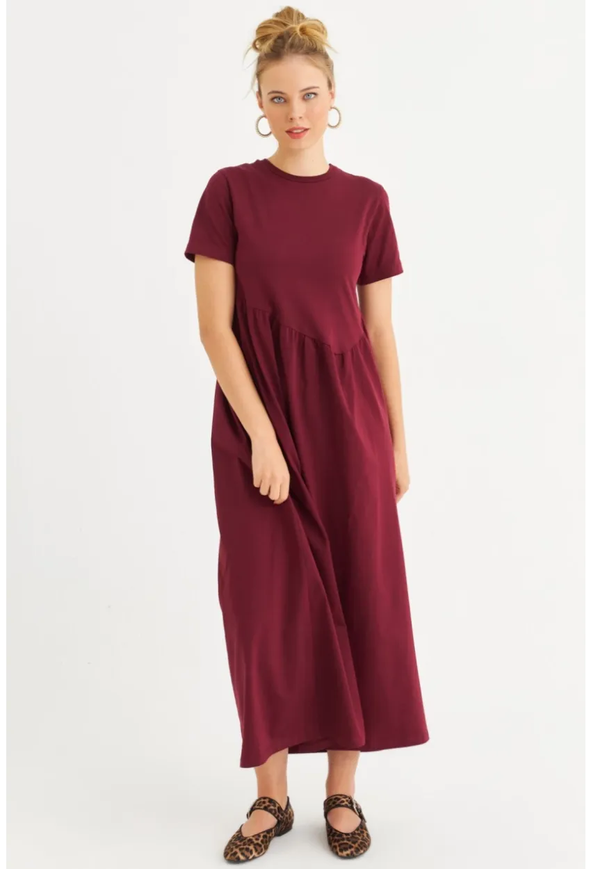 Kadın Bordo Asimetrik Dikişli Maxi Elbise MDMR440