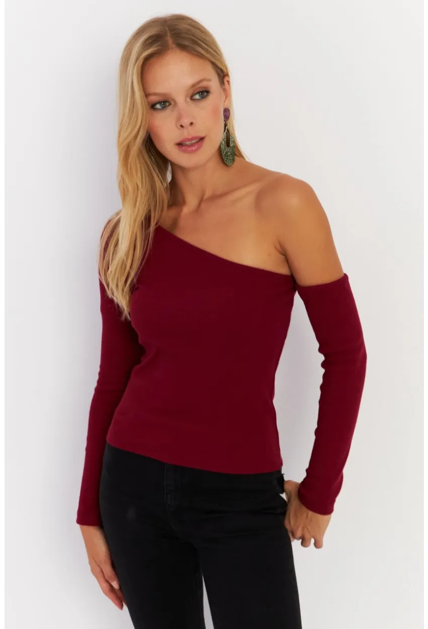 Kadın Bordo Asimetrik Kollu Kaşkorse Bluz HOR1
