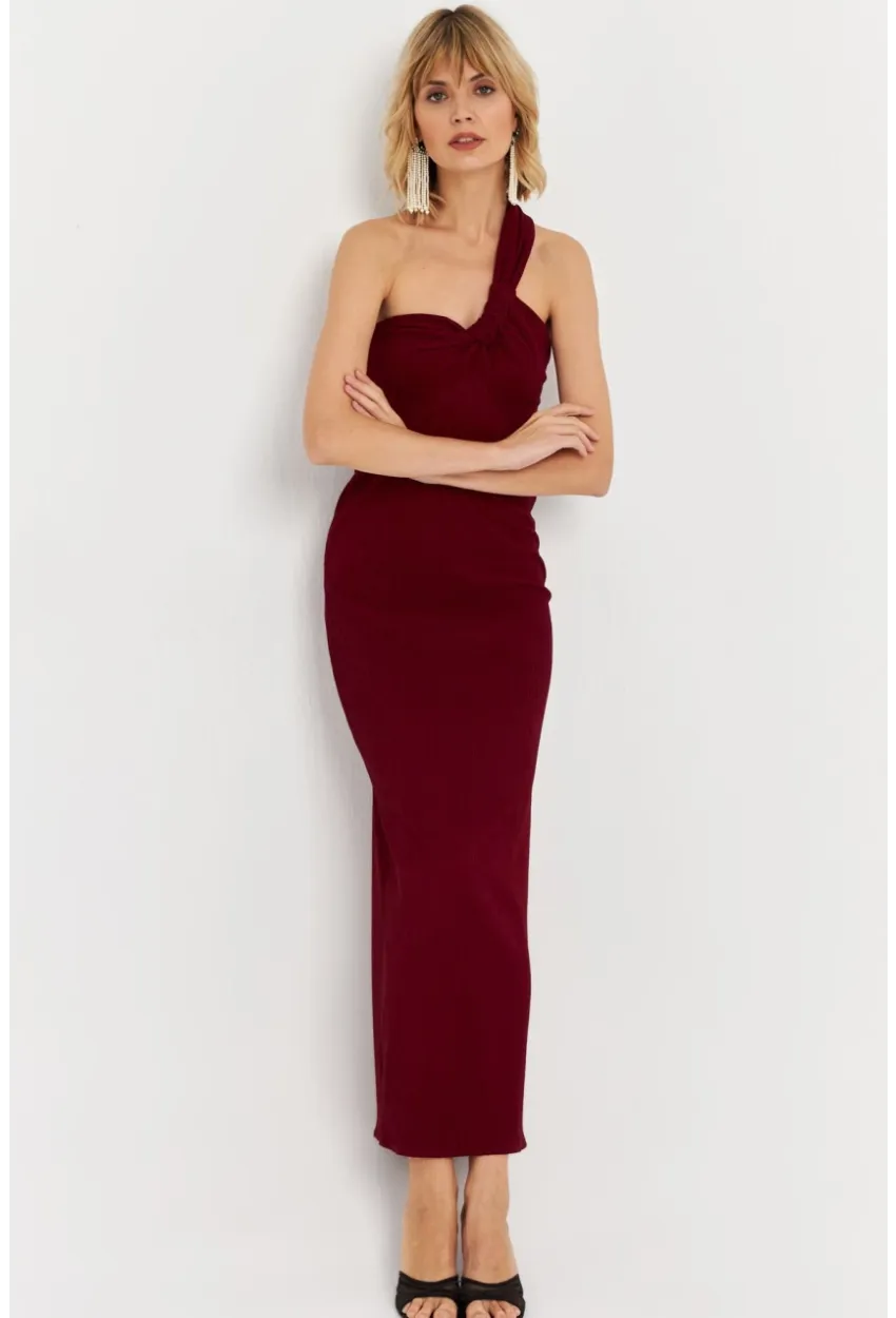 Kadın Bordo Asimetrik Yaka Maxi Elbise NH25455