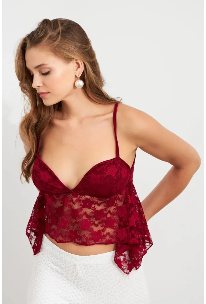 Kadın Bordo Askılı Dantel Crop Bluz MTK13458