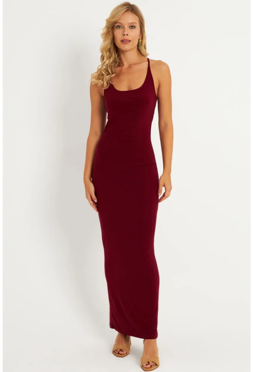 Kadın Bordo Ayarlanabilir Askılı Maxi Elbise MEN2004
