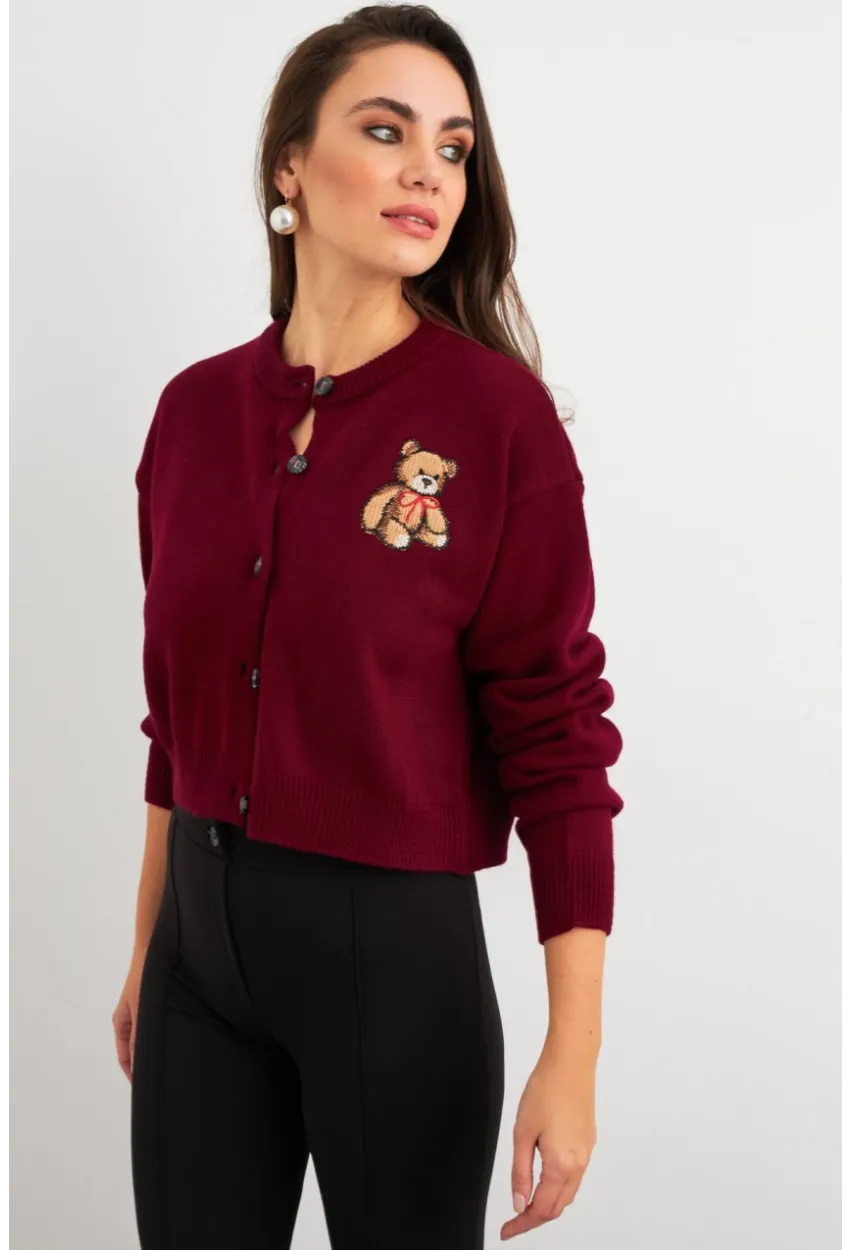 Kadın Bordo Ayıcıklı Hırka TEM99