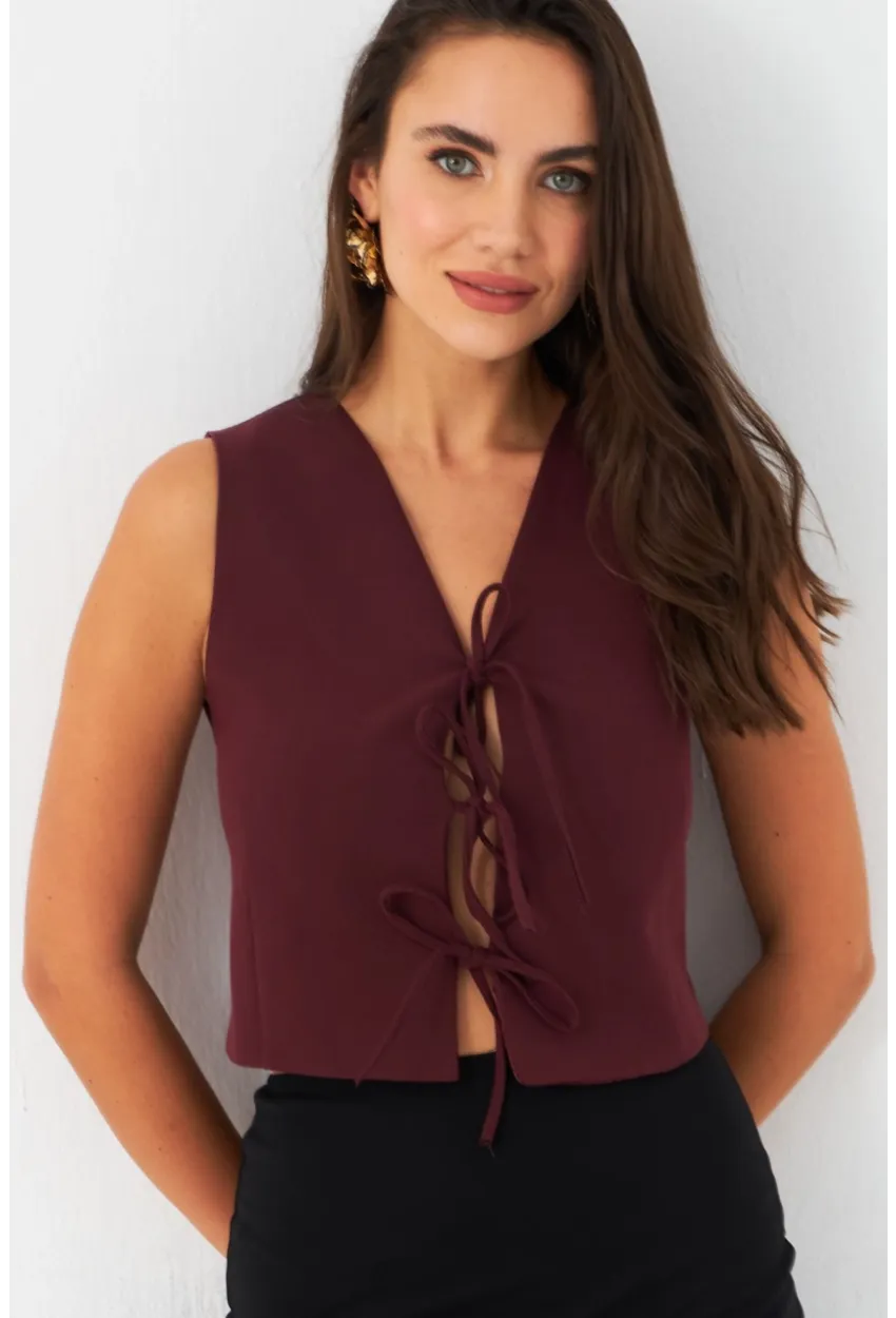 Kadın Bordo Bağlama Detaylı Astarlı Yelek ELA6645