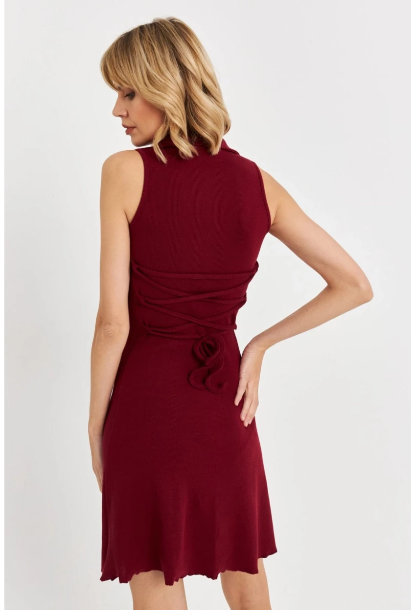 Kadın Bordo Bağlama  Detaylı Kaşkorse Mini Elbise FRY2271