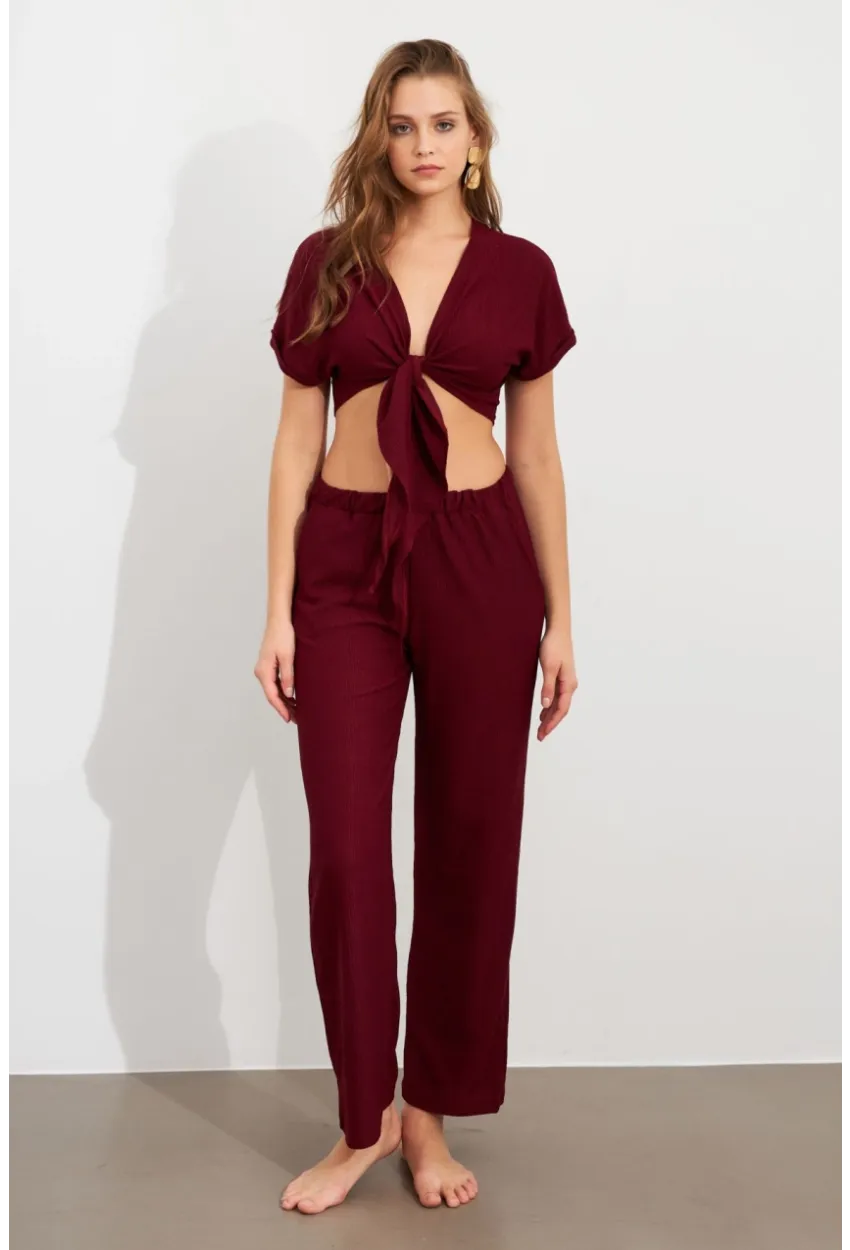 Kadın Bordo Bağlamalı Bürümcük Takım Q1012
