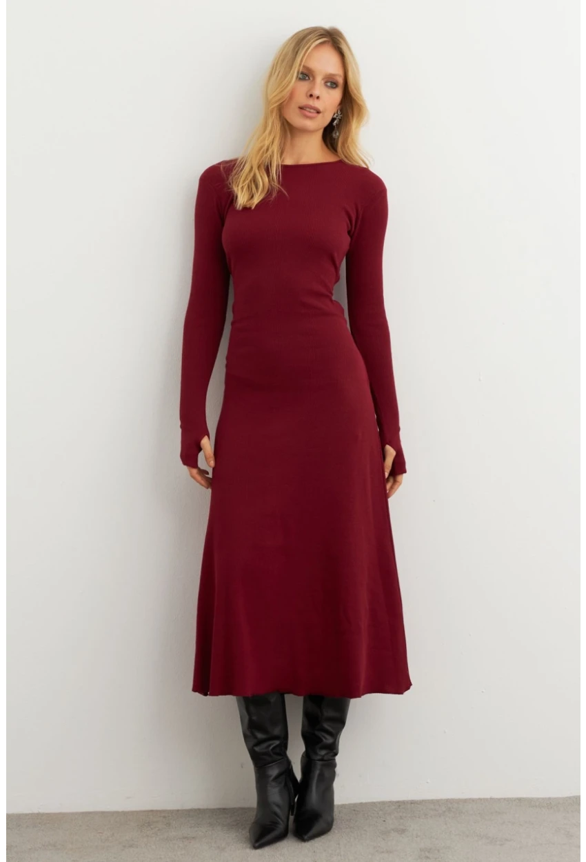 Kadın Bordo Bağlamalı Kaşkorse Midi Elbise MFRY2268