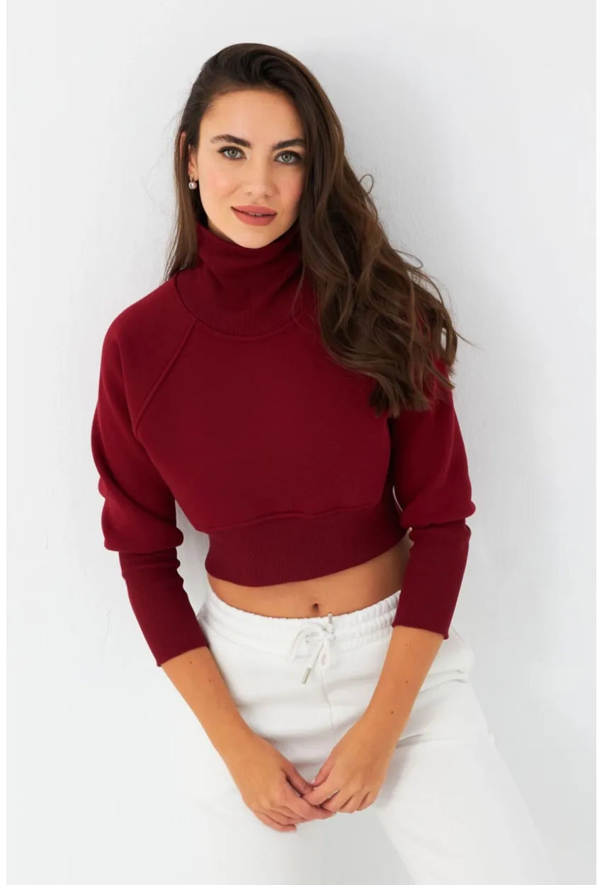 Kadın Bordo Balıkçı Crop Sweatshirt DY1469