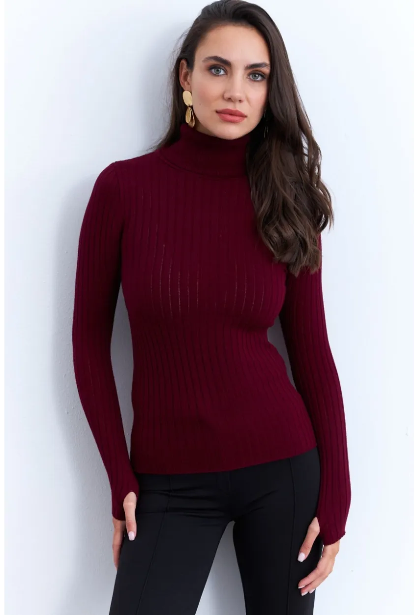 Kadın Bordo Balıkçı Yaka Triko Bluz MYV102-90