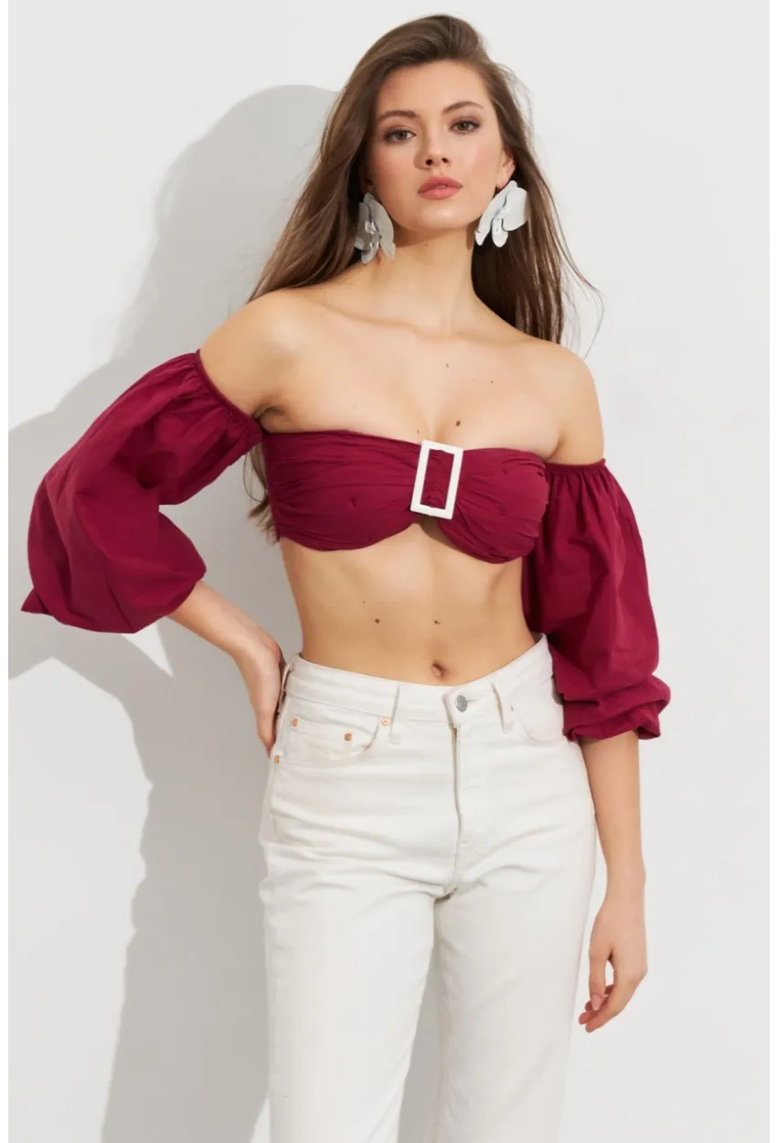 Kadın Bordo Balon Kol Crop Bluz ROP111