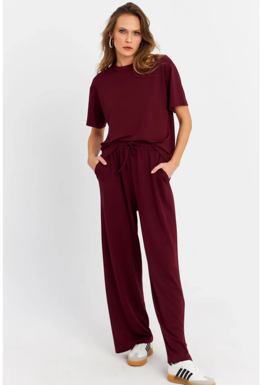 Kadın Bordo Basic Alt-Üst Pantolon Takım MRU6929