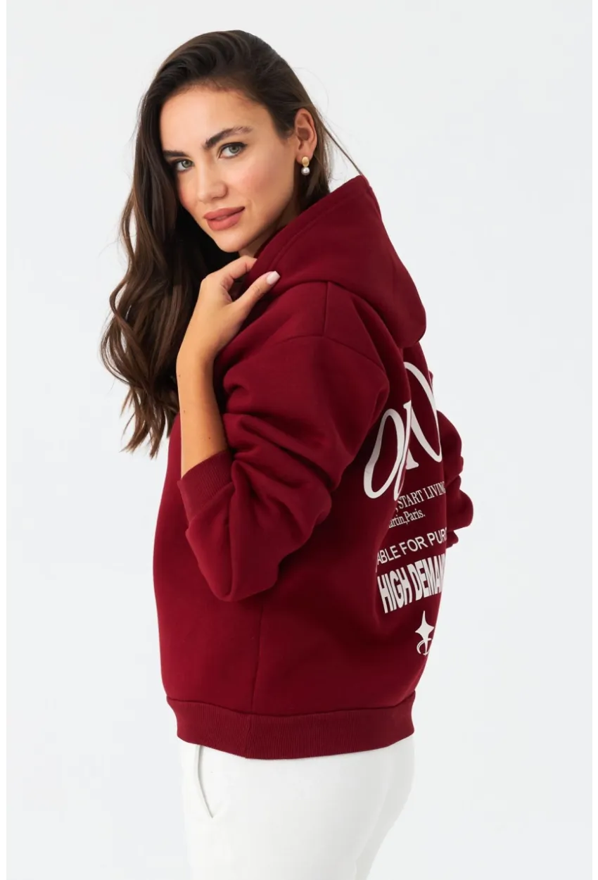 Kadın Bordo Baskılı Kapüşonlu Sweatshirt DY1451