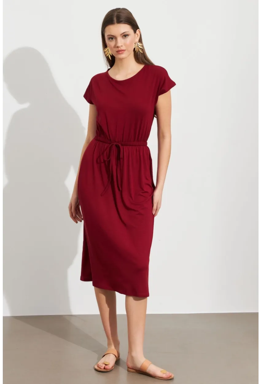Kadın Bordo Beli Büzülebilir Midi Elbise MURO1193