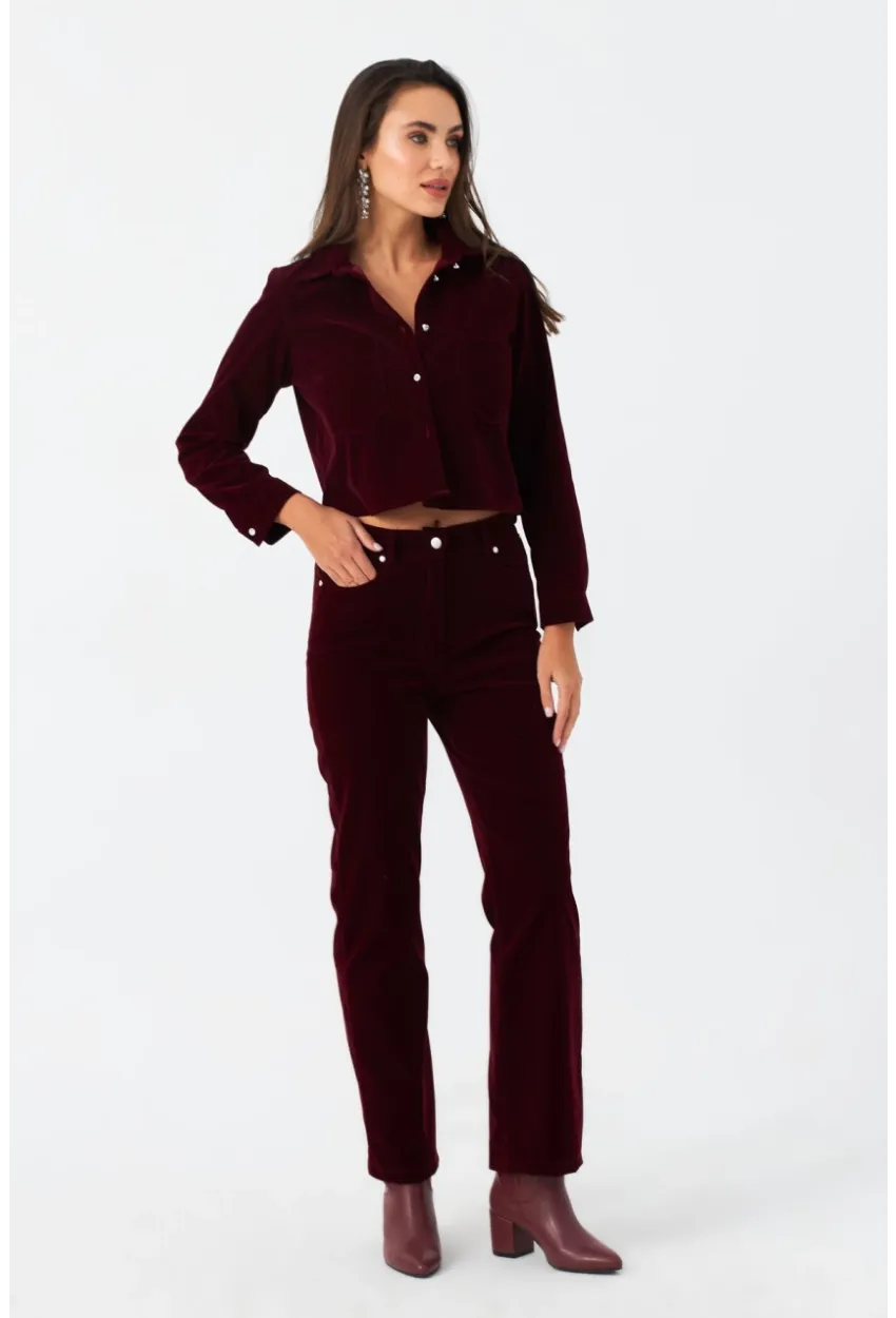 Kadın Bordo Beli Lastikli Kadife Pantolon CAR1076