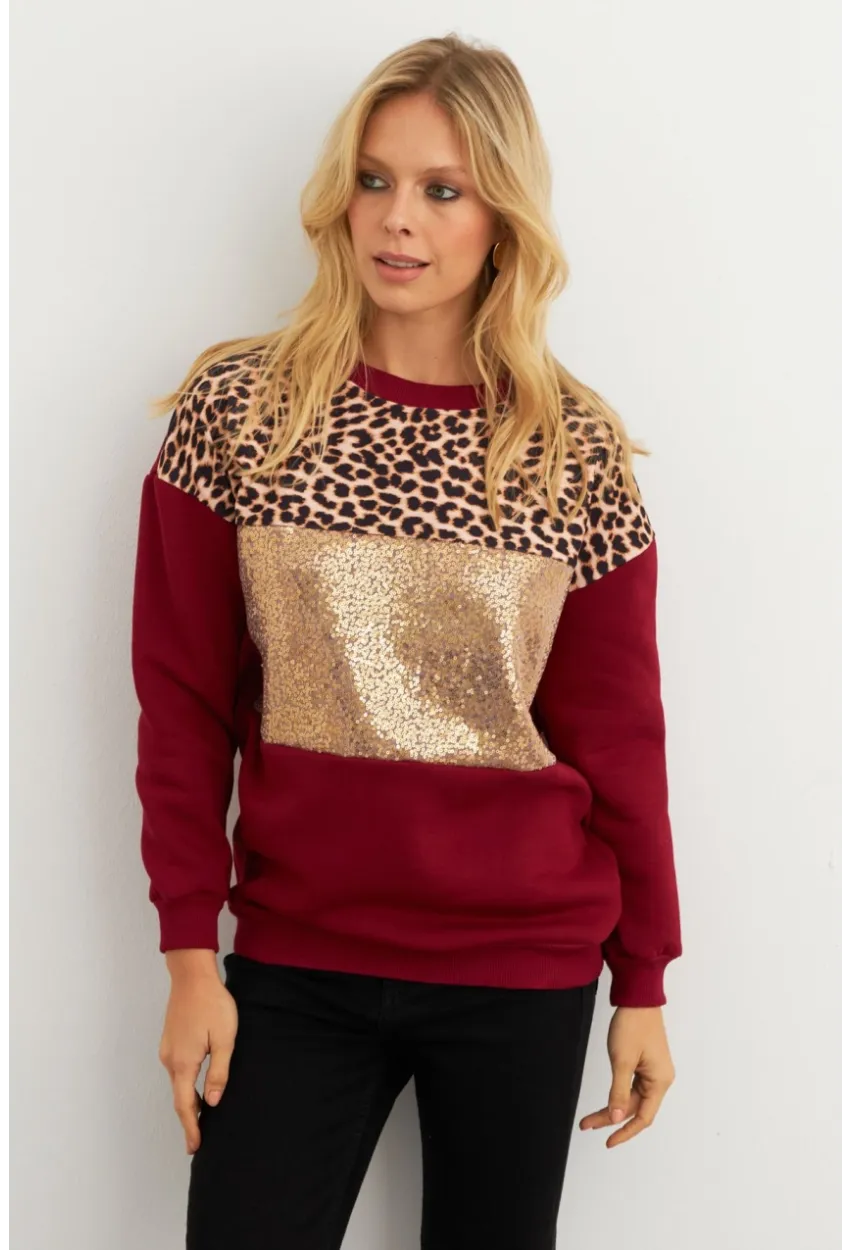 Kadın Bordo Bloklu Sweatshirt MST098