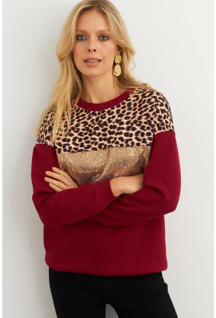 Kadın Bordo Bloklu Sweatshirt MST098