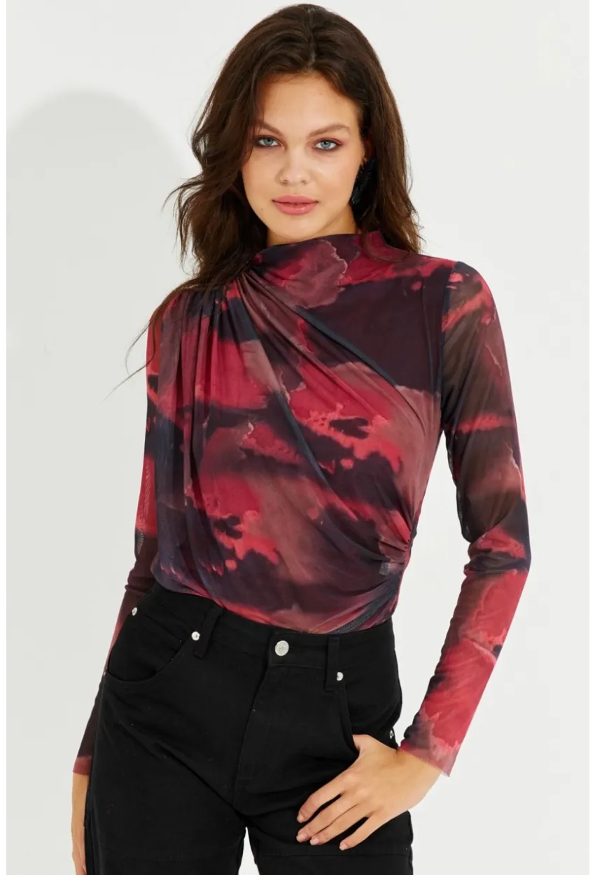 Kadın Bordo Büzgülü Astarlı Tül Bluz LPP1231
