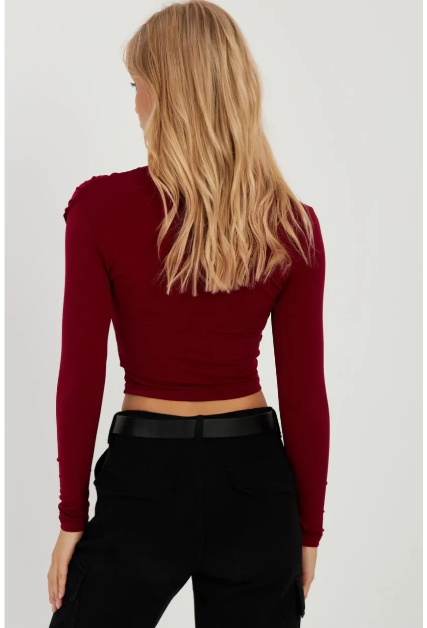 Kadın Bordo Büzgülü Kısa Bluz MEN2023-90