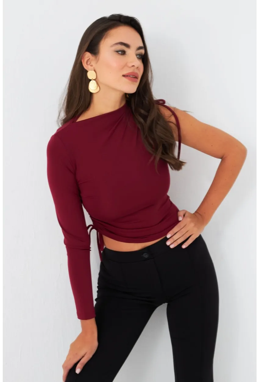Kadın Bordo Büzülebilir Tek Kol Bluz CG390