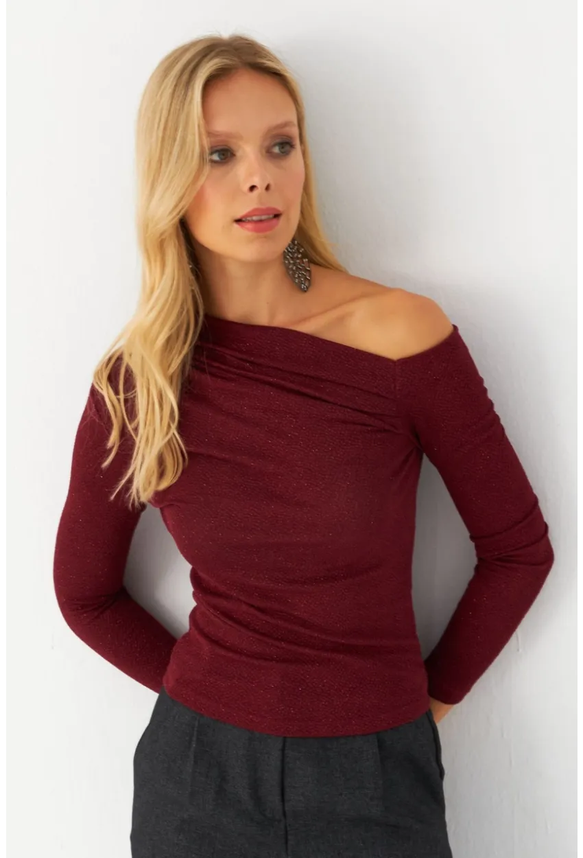 Kadın Bordo Çapraz Yaka Simli Bluz ERL10060