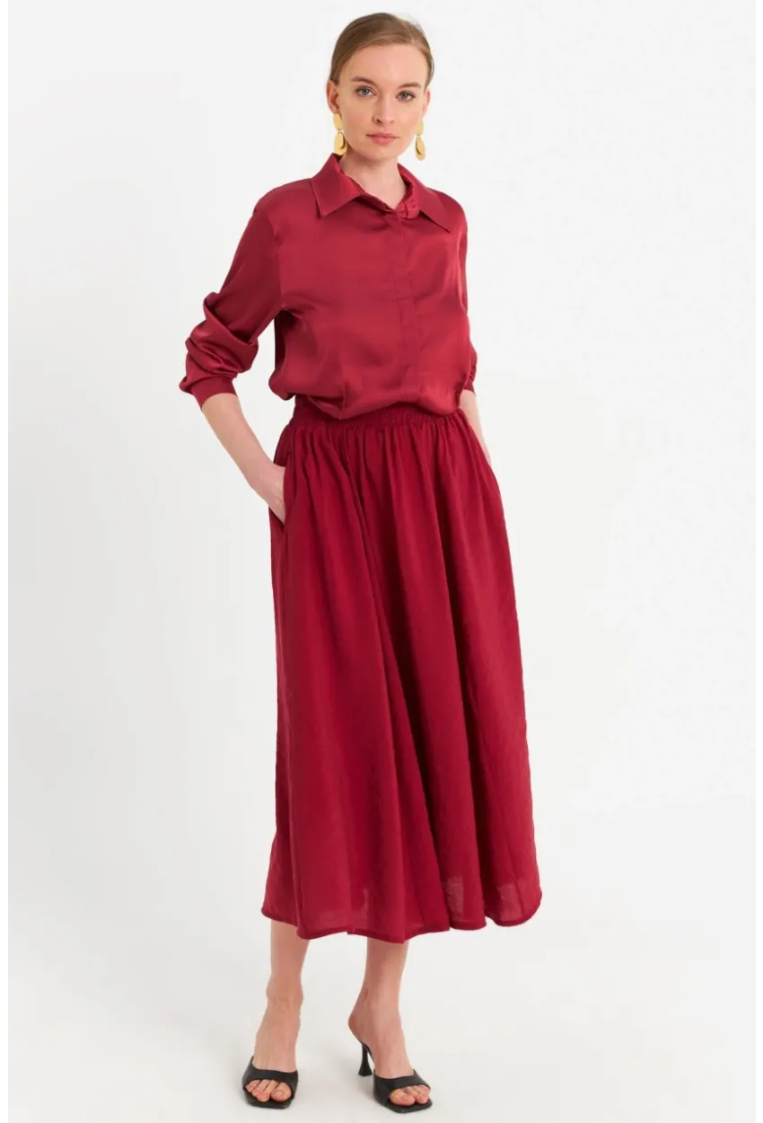 Kadın Bordo Cepli Midi Etek MSH20194
