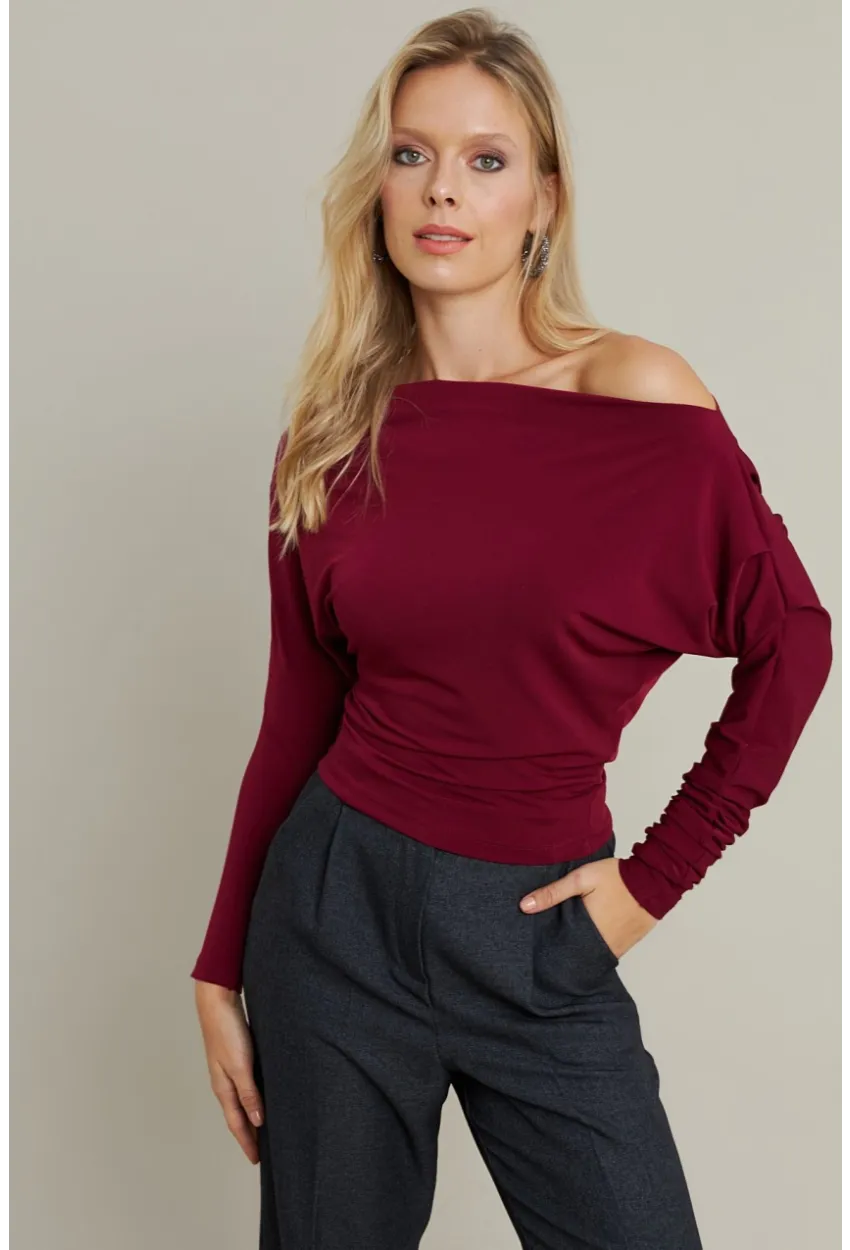 Kadın Bordo Degaje Yaka Bluz DMR382-1