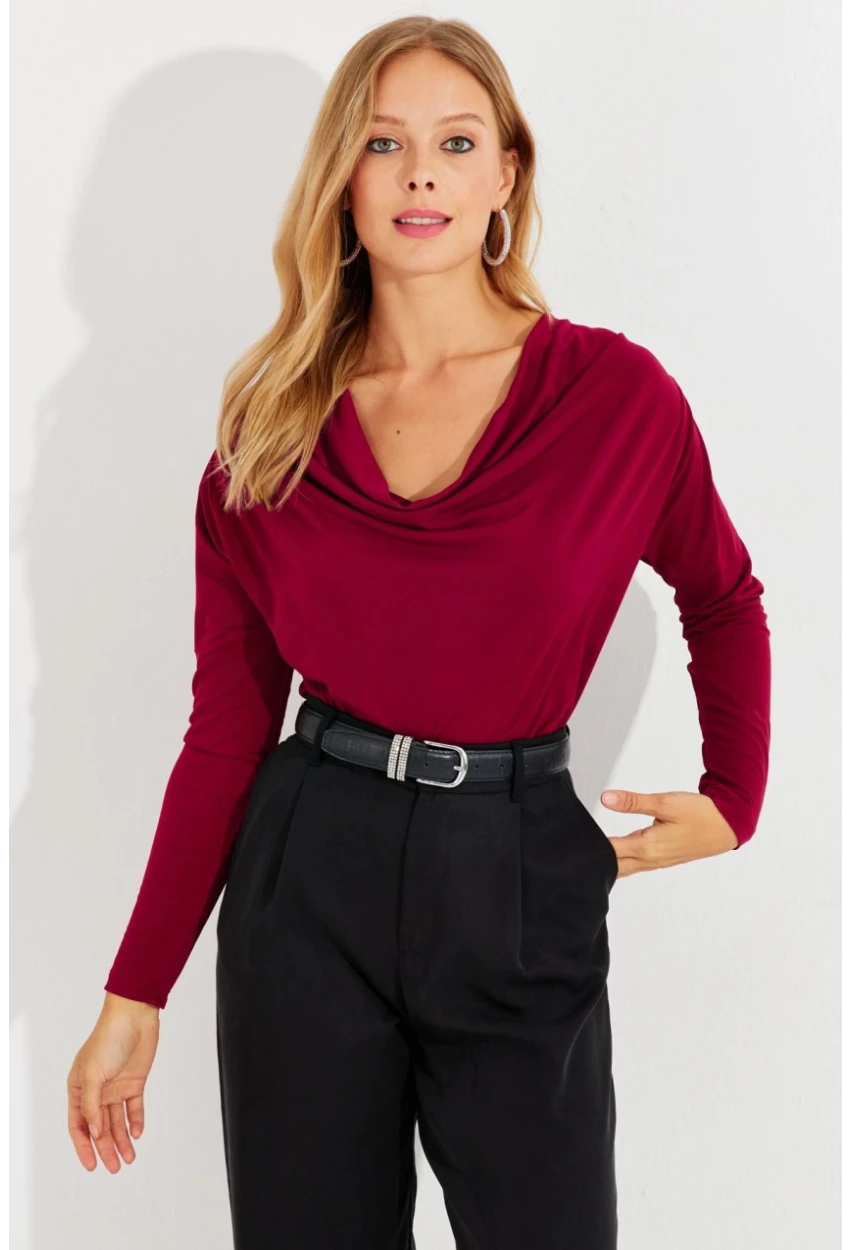 Kadın Bordo Degaje Yaka Bluz LPP1234