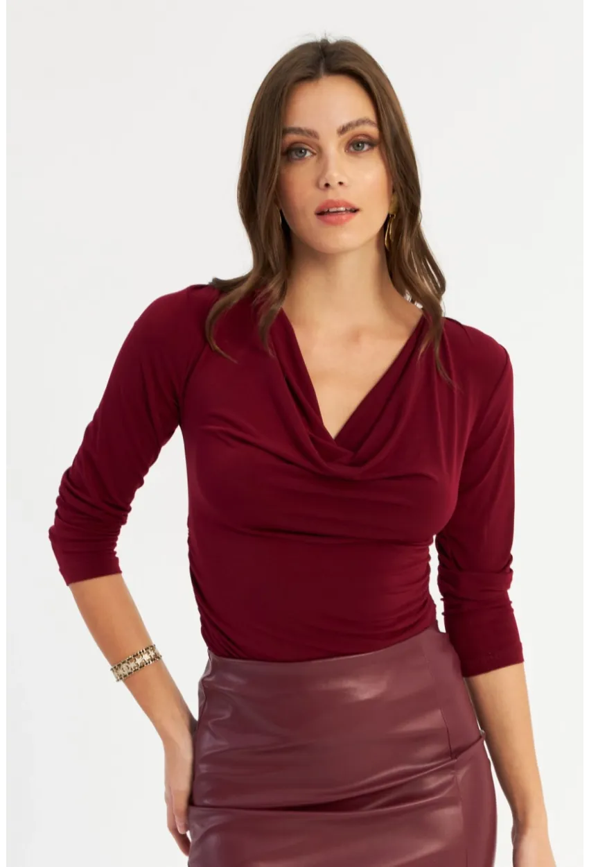Kadın Bordo Degaje Yaka Büzgülü Bluz FRY2248