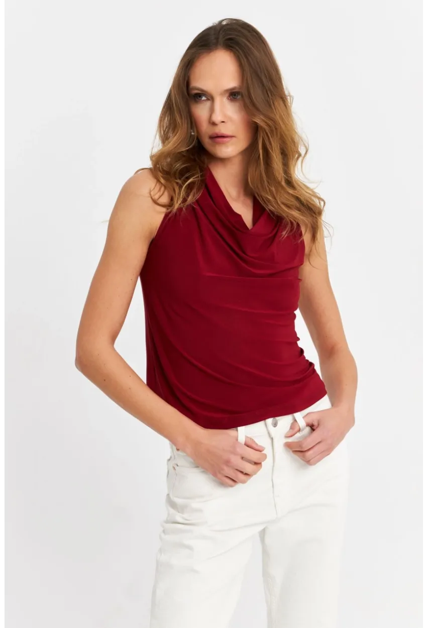 Kadın Bordo Degaje Yaka Kolsuz Bluz LPP1226-90