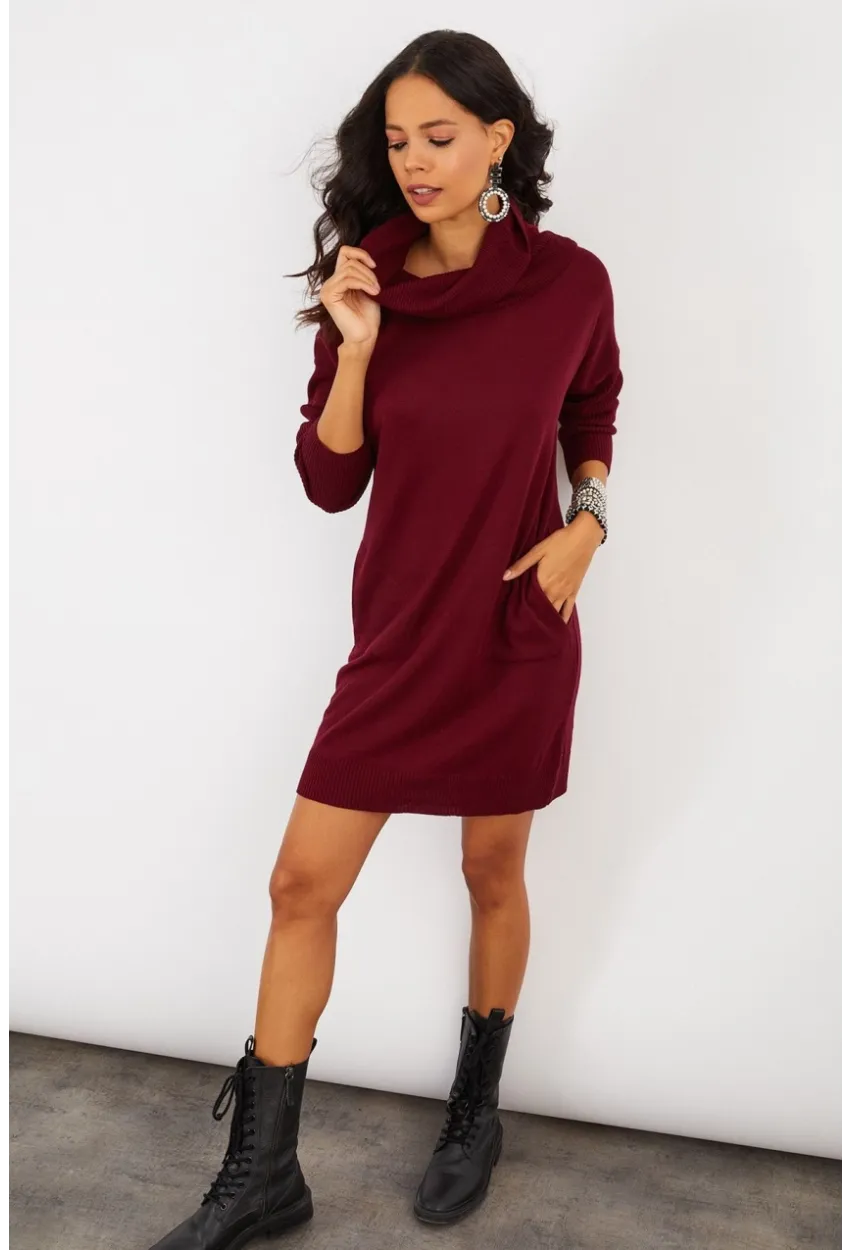 Kadın Bordo Degaje Yaka Triko Mini Elbise YV73